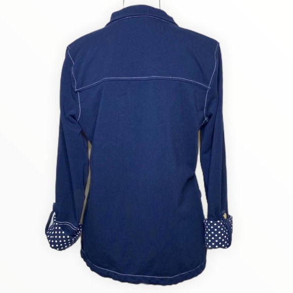 Jones New York Blue Cotton Jersey Jacket Nautical Snap Polka Dot Accent Utility - Picture 3 of 9